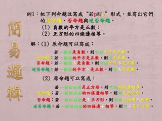 例1：把下列命題改寫成“若p則q”形式，並寫出它們 
的逆命題、否命題與逆否命題。 
(1) 負數的平方是正數； 
(2) 正方形的四條邊相等。 
解：(1) 原命題可以寫成： 
若一個數是負數，則它的平方是正數。 
逆命題：若一個數的平方是正數，則它是負數。 
否命題：若一個數不是負數，則它的平方不是正數。 
逆否命題：若一個數的平方不是正數，則它不是負數。 
(2) 原命題可以寫成： 
若一個四邊形是正方形，則它的四條邊相等。 
逆命題：若一個四邊形的四條邊相等，則它是正方形。 
否命題：若一個四邊形是不正方形，則它的四條邊不相等。 
逆否命題：若一個四邊形的四條邊不相等，則它不是正方形。 
 