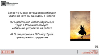 #CODEIB 
г. Казань 
16 ОКТЯБРЯ 2014 
Более 40 % всех сотрудников работают удаленно хотя бы один день в неделю 
55 % работников интеллектуального труда в России используют 
мобильные устройства на работе 
42 % смартфонов и 38 % ноутбуков принадлежат сотрудникам 
[4]  