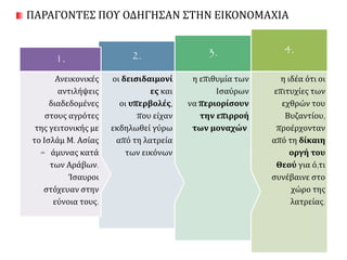 ΠΑΡΑΓΟΝΤΕΣ ΠΟΥ ΟΔΗΓΗΣΑΝ ΣΤΗΝ ΕΙΚΟΝΟΜΑΧΙΑ 
4. 
η ιδέα ότι οι 
επιτυχίες των 
εχθρών του 
Βυζαντίου, 
προέρχονταν 
από τη δίκαιη 
οργή του 
Θεού για ό,τι 
συνέβαινε στο 
χώρο της 
λατρείας. 
3. 
η επιθυμία των 
Ισαύρων 
να περιορίσουν 
την επιρροή 
των μοναχών 
2. 
οι δεισιδαιμονί 
ες και 
οι υπερβολές, 
που είχαν 
εκδηλωθεί γύρω 
από τη λατρεία 
των εικόνων 
1. 
Ανεικονικές 
αντιλήψεις 
διαδεδομένες 
στους αγρότες 
της γειτονικής με 
το Ισλάμ Μ. Ασίας 
= άμυνας κατά 
των Αράβων. 
Ίσαυροι 
στόχευαν στην 
εύνοια τους. 
 