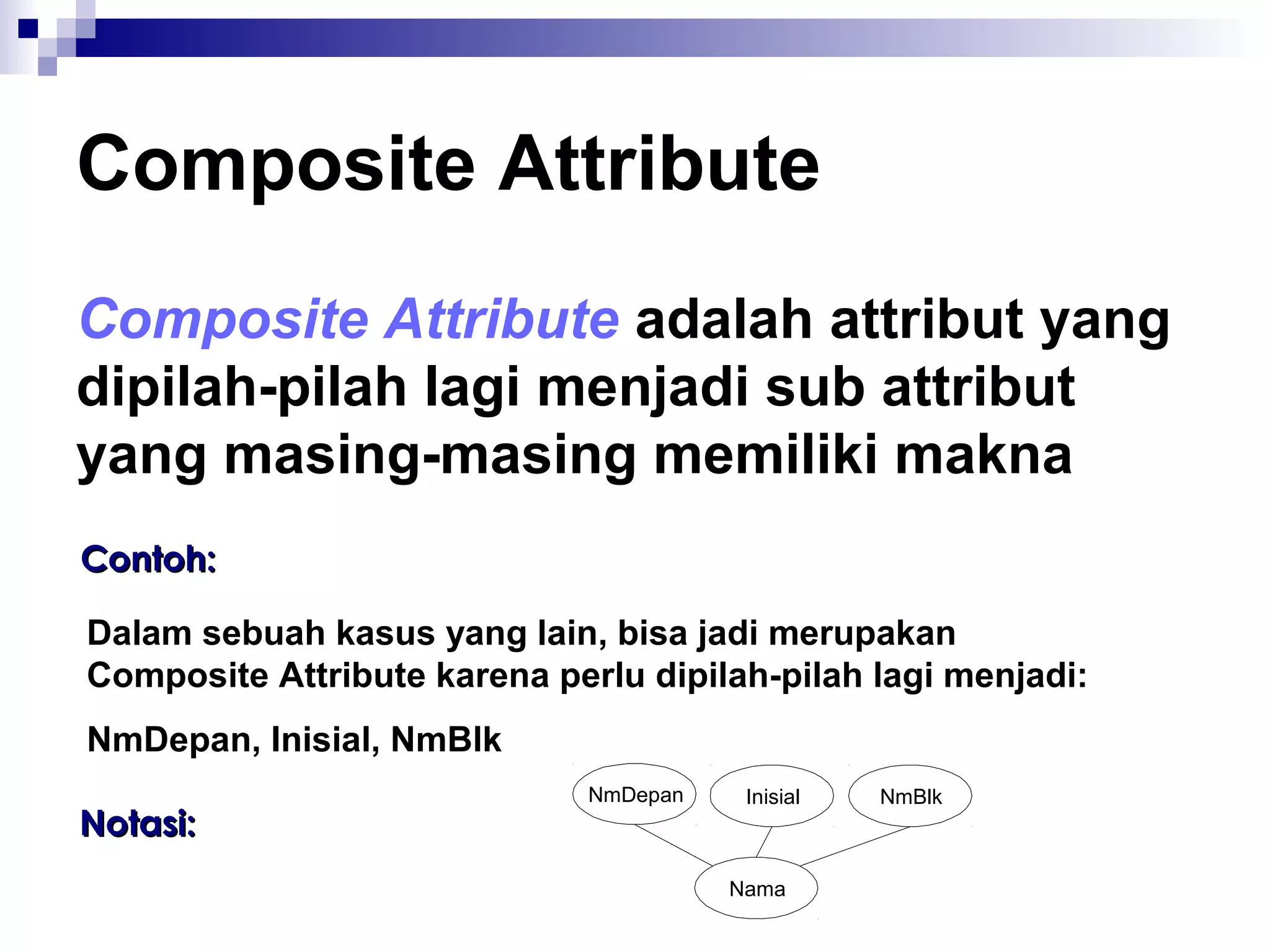 Composite Attribute 
Composite Attribute adalah attribut yang 
dipilah-pilah lagi menjadi sub attribut 
yang masing-masing memiliki makna 
CCoonnttoohh:: 
Dalam sebuah kasus yang lain, bisa jadi merupakan 
Composite Attribute karena perlu dipilah-pilah lagi menjadi: 
NmDepan, Inisial, NmBlk 
NmDepan Inisial NmBlk 
Nama 
NNoottaassii:: 
 