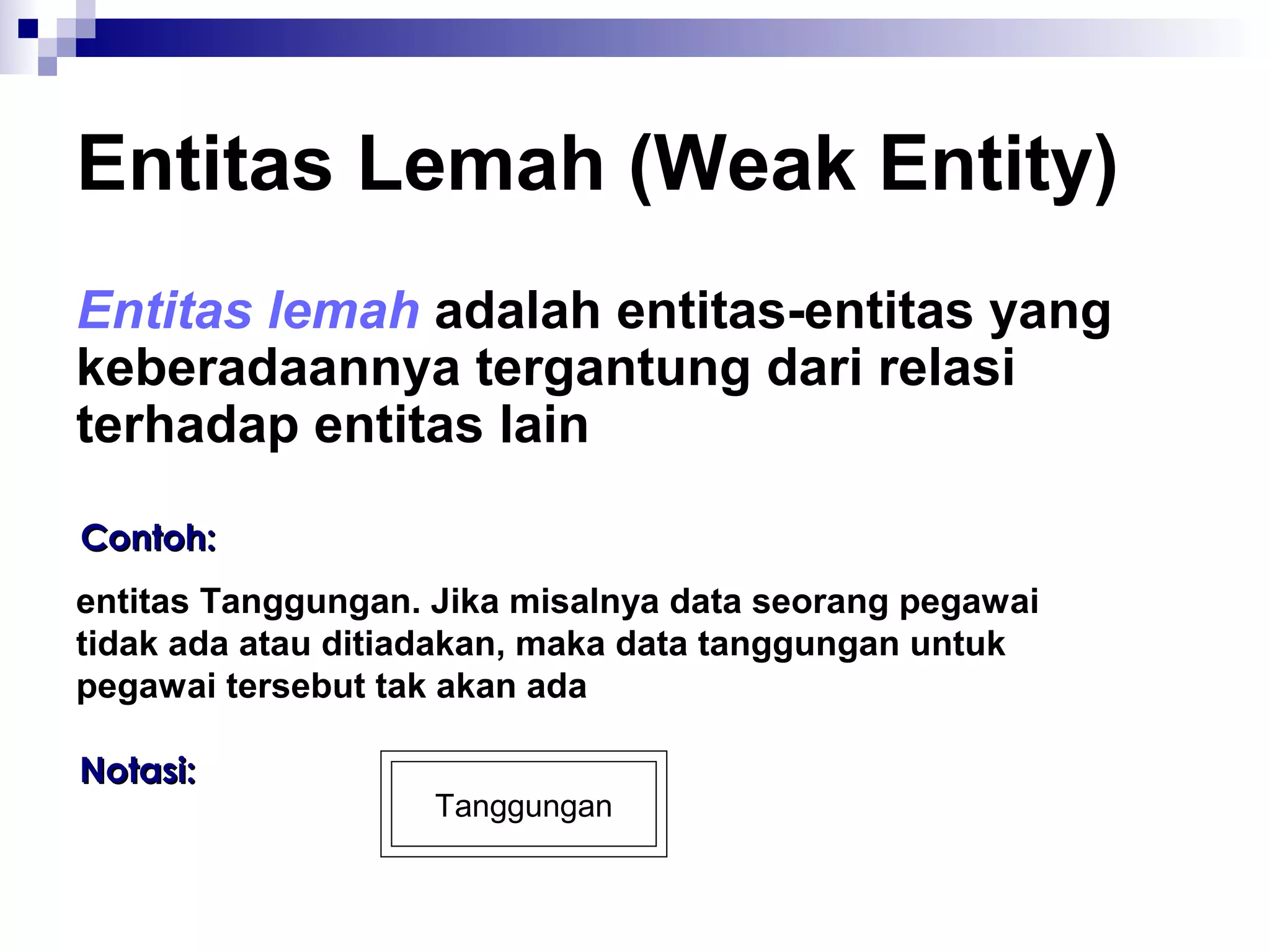 Entitas Lemah (Weak Entity) 
Entitas lemah adalah entitas-entitas yang 
keberadaannya tergantung dari relasi 
terhadap entitas lain 
CCoonnttoohh:: 
entitas Tanggungan. Jika misalnya data seorang pegawai 
tidak ada atau ditiadakan, maka data tanggungan untuk 
pegawai tersebut tak akan ada 
NNoottaassii:: 
Tanggungan 
