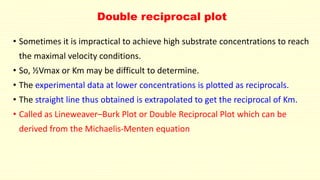 Double reciprocal plot 
• Sometimes it is impractical to achieve high substrate concentrations to reach 
the maximal velocity conditions. 
• So, ½Vmax or Km may be difficult to determine. 
• The experimental data at lower concentrations is plotted as reciprocals. 
• The straight line thus obtained is extrapolated to get the reciprocal of Km. 
• Called as Lineweaver–Burk Plot or Double Reciprocal Plot which can be 
derived from the Michaelis-Menten equation 
 