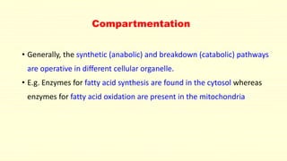 Compartmentation 
• Generally, the synthetic (anabolic) and breakdown (catabolic) pathways 
are operative in different cellular organelle. 
• E.g. Enzymes for fatty acid synthesis are found in the cytosol whereas 
enzymes for fatty acid oxidation are present in the mitochondria 
 