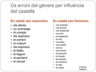 Ús erroni del gènere per influència 
del castellà 
En català són masculins En català són femenins 
 els afores 
 un avan...