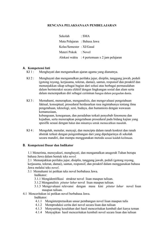 Rpp Bahasa Jawa Materi Novel Kurikulum 2013