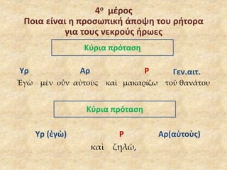 4ο μέρος 
Ποια είναι η προσωπική άποψη του ρήτορα 
για τους νεκρούς ήρωες 
Κύρια πρόταση 
Υρ Αρ Ρ Γεν.αιτ. 
Ἐγὼ μὲν οὖν αὐτοὺς καὶ μακαρίζω τοῦ θανάτου 
Κύρια πρόταση 
Υρ (ἐγὼ) Ρ Αρ(αὐτοὺς) 
καὶ ζηλῶ, 
 
