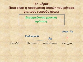 4ο μέρος 
Ποια είναι η προσωπική άποψη του ρήτορα 
για τους νεκρούς ήρωες 
Δευτερεύουσα χρονική 
πρόταση 
οὗτοι : Υρ 
Ρ 
Αρ 
Επιθ.προσδ. 
ἐπειδὴ θνητῶν σωμάτων ἔτυχον, 
 