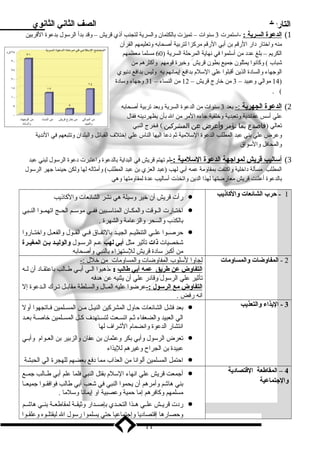 التاريخ الصف الثاني الثانوي 
1) ا لدعوة ا لسرية : -اسلتمرت 3 سلنوات – تميزت بالكتمان والسرية لتجنب أذي قريش – وقد بدأ الرسلول بدعوة القربين 
منه واختار د ار الرقم بن أبي الرقم مركزا لتربية أصحابه وتعليمهم القرآن 
الكريم – بلغ عدد  من أسللموا في نهاية المرحلة السرية ( 60 مسلما معظمهم 
شباب ) وكانوا يمثلون جميع بطون قريش وخيرة قومهم وأكثرهم من 
الوجهاء والساد ة الذين أقبلوا علي السللم  بدافع إيمانهم به وليس بدافع د نيوي 
14 موالي وعبيد – 3 من خارج قريش – 12 من النساء – 31 وجهاء وسلاد ة ) 
. ( 
2) ا لدعوة ا لجهرية :- بعد 3 سلنوات من الدعوة السرية وبعد تربية أصحابه 
علي أسلس عقائدية وتعبدية وخلقية جاءه المر من ال بأن يظهرد ينه فقال 
تعالي (فاصدع بما تؤمر وأعرض عن المشركين ) فخرج النبي 
وعرض علي بني عبد المطلب الدعوة السللمية ثم د عا اليها الناس علي إختلف  القبائل والبلدان وتتبعهم في الندية 
والمحافل والسلواق 
3) أ سلاليب قريش ل مواجهة ا لدعوة ا لسللمية :- لم تهتم قريش في البداية بالدعوة واعتبرت د عوة الرسلول لبني عبد 
المطلب مسألة د اخلية واكتفت بمقاومة عمه أبي لهب (عبد العزي بن عبد المطلب) وأمثاله لها ولكن حينما جهر الرسلول 
بالدعوة أعلنت قريش معارضتها لهذا الدين واتخذت أسلاليب عدة لمقاومتها وهي 
رأت قريش أن خير وسليلة هي نشر الشائعات والكاذيب · 1 - حرب الشائعات والكاذيب 
اختــارت الــوقت والمكــان المناسلــبين ففــي موسلــم الحــج اتهمــوا النــبي · 
بالكذب والسحر والزعامة والشهرة . 
حرصــوا علــي التنظيــم الجيــد بالتفــاق فــي القــول والفعــل واختــاروا · 
شخصيات ذات تأثير مثل أبي لهب عــم الرسلـول والوليييد بين المغييرة 
من أكبر سلاد ة قريش للسلتهزاء بالنبي وأصحابه 
2 - المفاوضات والمساومات ل جاو ا لسللوب ا لمفاوضات والمساومات من خلل :- 
ا لتفاوض عن طريق عمه أ بي طالب : -ذهبوا الــي أبــي طــالب باعتقــاد  أن لــه 
تأثير علي الرسلول وقاد ر علي أن يثنيه عن هدفه 
ا لتفاوض مع ا لرسلول :- عرضوا عليه المـال والســلطة مقابــل تـرك الــدعوة إل 
انه رفض . 
بعد فشل الشائعات حاول المشركين النيــل مــن المســلمين فــاتجهوا أول · 3 - اليذاء والتعذيب 
الي العبيد والضعفاء ثــم اتســعت لتســتهدف  كــل المســلمين خاصــة بعــد 
انتشار الدعوة وانضمام  الشراف  لها 
تعرض الرسلول وأبي بكر وعثمان بن عفان والزبير بن العــوام  وأبــي · 
عبيدة بن الجراح وغيرهم لليذاء 
احتمل المسلمين ألوانا من العذاب مما د فع بعضهم للهجرة الي الحبشة · 
4 – المقاطعة القتصاد ية 
والجتماعية 
أجمعت قريش علي انهاء السللم  بقتل النبي فلما علم أبي طــالب جمــع · 
بني هاشم وأمرهم أن يحموا النبي في شعب أبي طالب فوافقــوا جميعــا 
مسلمهم وكافرهم إما حمية وعصبية او إيمانا وسللما . 
رد ت قريــش علــي هــذا التحــدي بإصــدار وثيقــة لمقاطعــة بنــي هاشــم · 
وحصارها إقتصاد يا وإجتماعيا حتي يسلموا رسلول ال ليقتلــوه وعلقــوا 
11 
 