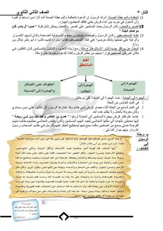 التاريخ الصف الثاني الثانوي 
1) ا لحكمة والموعظة ا لحسنة: أد رك الرسلول ان الدعوة بالحكمة والموعظة الحسنة أشد أثرا مـن اسلـتخدام  القـوة 
وأن الدخول في حرب بين أبناء قريش يعني تفكك المجتمع وانهياره . 
2) ا لصبر والتحمل : كان الرسلول يحث المسلمين علي الصبر والتحمل ويمكن تأمل قوله  صبرا آل ياسلر فإن 
موعدكم الجنة  
3) إ نقــا ذ ا لمستضــعفي ن : كــان الرسلــول وأصــحابه يشــعرون بحجــم المســئولية الضــخمة وكــان لــديهم الصــرار 
والرغبة علي تحملها ولذلك حرصوا علي إنقاذ المستضعفين فقاموا بشراء العبيـد كشــراء أبـو بكــر لبلل بـن 
رباح 
4) ا لبحث عن مراكز جديدة ل نشر ا لسللم  خارج مكة : مع زياد ة التعذيب والتنكيــل بالمســلمين كــان التفكيــر فــي 
مكان آخر آمن للمسلمين فرارا بدينهم من بطش قريش وإنقاذا للدعوة ونشرها خارج مكة . 
أ - الهجرة ا لي ا لحبشة : تمت الهجرة الي الحبشة علي مرحلتين : 
في العام  الخامس من البعثة  
في العام  السابع من البعثة أثناء حصار قريش لبني هاشم وقد اختارها الرسلول لن ملكهــا علــي د يــن سلــماوي  
وكان معروفا بالعدل ول يظلم عنده أحد 
عندما علم كفار قريش بهجرة المسلمين الي الحبشة أرسللوا  عمرو بن العاص وعبد اليي بيين أبييي ربيعيية   
إليها محملين بالهدايا الي ملكها النجاشــي ليعيــد اليهــم المســلمين ولكــن رفــض النجاشــي مطلبهــم طالبــا منهــم 
الفرصة حــتي يسمع من المسلمين مثلما سلمع منهم ليستطيع الحكم عليهم فأرسلل فــي طلــب أصــحاب رسلــول 
ال ود ار بينهم حوار كما يلي : 
ب -رحلة 
الرسلول 
الي 
ا لطائف : 
13 
 