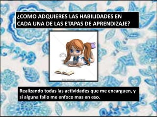 ¿COMO ADQUIERES LAS HABILIDADES EN
CADA UNA DE LAS ETAPAS DE APRENDIZAJE?
Realizando todas las actividades que me encarguen, y
si alguna fallo me enfoco mas en eso.