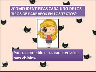 ¿COMO IDENTIFICAS CADA UNO DE LOS
TIPOS DE PARRAFOS EN LOS TEXTOS?
Por su contenido o sus caracteristicas
mas visibles.