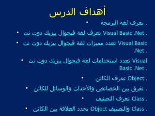 أهداف الدرس 
. تعرف لغة البرمجة • 
تعرف لغة فيجوال بيزيك دوت نت • Visual Basic .Net . 
تعدد مميزات لغة فيجوال بيزيك دوت نت • Visual Basic 
.Net . 
تعدد استخدامات لغة فيجوال بيزيك دوت نت • Visual 
Basic .Net . 
تعرف الكائن • Object . 
. تفرق بين الخصائص والحداث والوسائل للكائن • 
تعرف التصنيف • Class . 
تحدد العلقة بين الكائن • Object والتصنيف Class . 
 