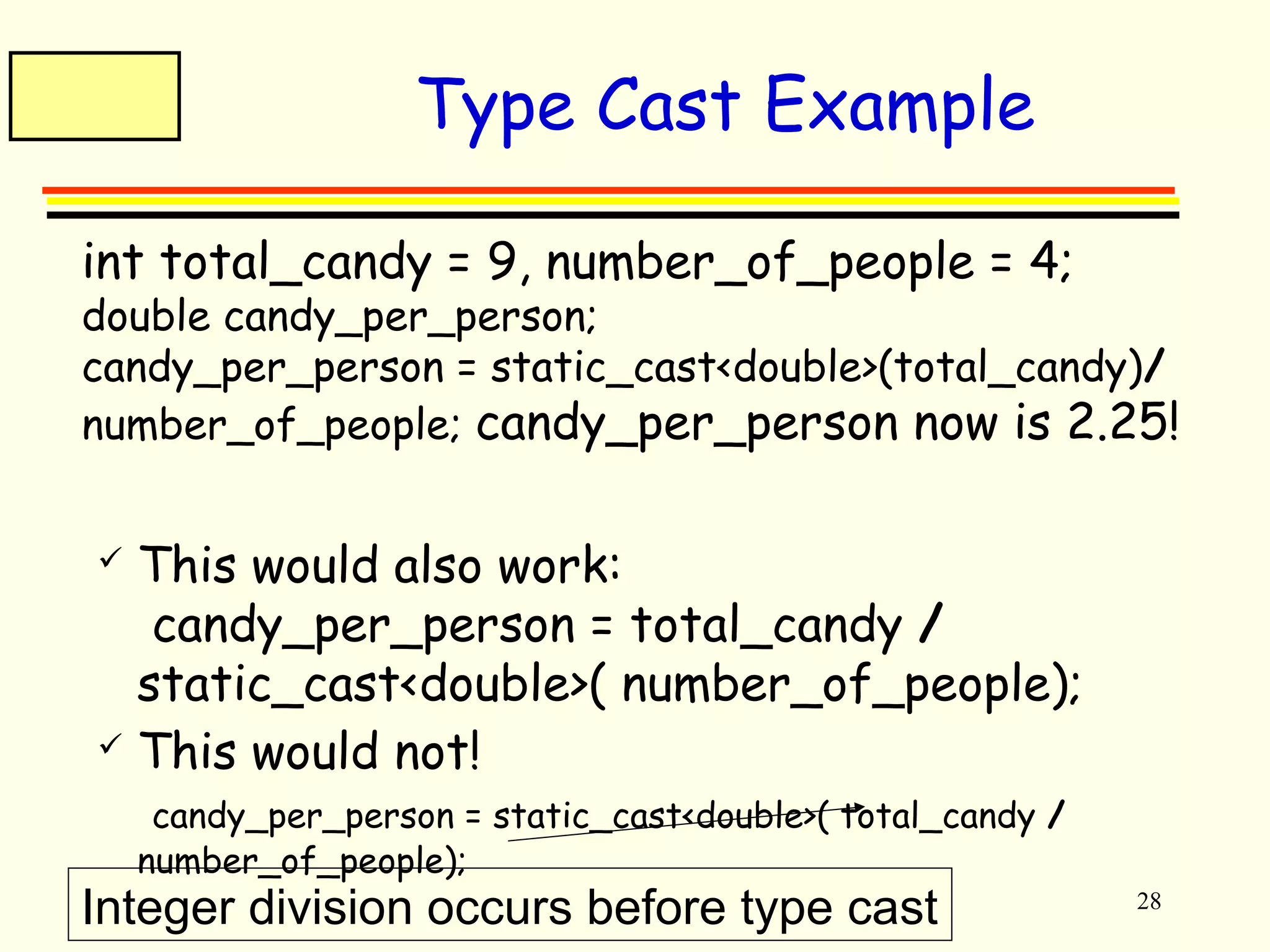 28 
Type Cast Example 
 int total_candy = 9, number_of_people = 4; 
double candy_per_person; 
candy_per_person = static_cast<double>(total_candy)/ 
number_of_people; candy_per_person now is 2.25! 
 This would also work: 
candy_per_person = total_candy / 
static_cast<double>( number_of_people); 
 This would not! 
candy_per_person = static_cast<double>( total_candy / 
number_of_people); 
Integer division occurs before type cast 
 