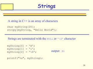 20 
Strings 
A string in C++ is an array of characters 
char myString[20]; 
strcpy(myString, "Hello World"); 
Strings are terminated with the NULL or '0' character 
myString[0] = 'H'; 
myString[1] = 'i'; 
myString[2] = '0'; 
printf("%s", myString); 
output: Hi 
 