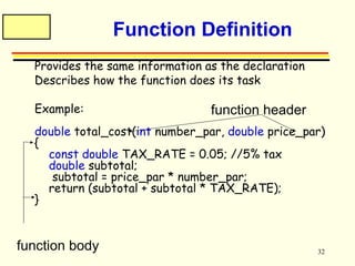 32 
Function Definition 
 Provides the same information as the declaration 
 Describes how the function does its task 
 Example: 
function header 
double total_cost(int number_par, double price_par) 
{ 
const double TAX_RATE = 0.05; //5% tax 
double subtotal; 
subtotal = price_par * number_par; 
return (subtotal + subtotal * TAX_RATE); 
} 
function body 
 