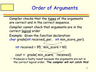 37 
Order of Arguments 
 Compiler checks that the types of the arguments 
are correct and in the correct sequence. 
 Compiler cannot check that arguments are in the 
correct logical order 
 Example: Given the function declaration: 
char grade(int received_par, int min_score_par); 
int received = 95, min_score = 60; 
cout << grade( min_score, received); 
 Produces a faulty result because the arguments are not in 
the correct logical order. The compiler will not catch this! 
 