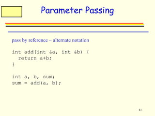 41 
Parameter Passing 
pass by reference – alternate notation 
int add(int &a, int &b) { 
return a+b; 
} 
int a, b, sum; 
sum = add(a, b); 
 