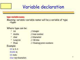 5 
Variable declaration 
type variable-name; 
Meaning: variable <variable-name> will be a variable of type 
<type> 
Where type can be: 
 int //integer 
 double //real number 
 char //character 
 Long int // 32 bits 
 Float // floating point numbers 
Example: 
int a, b, c; 
double x; 
int sum; 
char my-character; 
 