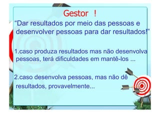 Gestor ! 
“Dar resultados por meio das pessoas e 
desenvolver pessoas para dar resultados!” 
1.caso produza resultados mas não desenvolva 
pessoas, terá dificuldades em mantê-los ... 
2.caso desenvolva pessoas, mas não dê 
resultados, provavelmente... 
 