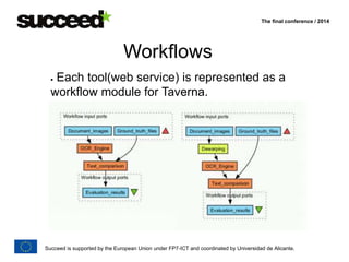 The final conference / 2014 
Workflows 
 Each tool(web service) is represented as a 
workflow module for Taverna. 
Succeed is supported by the European Union under FP7-ICT and coordinated by Universidad de Alicante. 
 