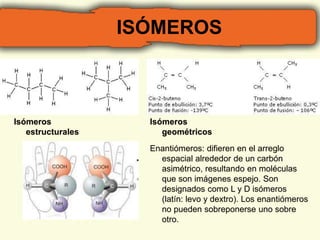 ISÓMEROS 
Isómeros 
estructurales 
Isómeros 
geométricos 
Enantiómeros: difieren en el arreglo 
espacial alrededor de un carbón 
asimétrico, resultando en moléculas 
que son imágenes espejo. Son 
designados como L y D isómeros 
(latín: levo y dextro). Los enantiómeros 
no pueden sobreponerse uno sobre 
otro. 
 