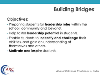 Building Bridges 
Objectives: 
• Preparing students for leadership roles within the 
school, community and beyond. 
• Help...