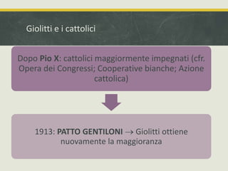 Giolitti e i cattolici 
Dopo Pio X: cattolici maggiormente impegnati (cfr. 
Opera dei Congressi; Cooperative bianche; Azione 
cattolica) 
1913: PATTO GENTILONI  Giolitti ottiene 
nuovamente la maggioranza 
 