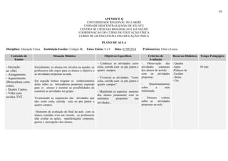 59
APENDICE Q
UNIVERSIDADE REGIONAL DO CARIRI
UNIDADE DESCENTRALIZADA DE IGUATU
CENTRO DE CIÊNCIAS BIOLÓGICAS E DA SAÚDE
COORDENAÇÃO DO CURSO DE EDUCAÇÃO FÍSICA
CURSO DE LICENCIATURA EM EDUCAÇÃO FÍSICA
PLANO DE AULA
Disciplina: Educação Física Instituição Escolar: Colégio JK Faixa Etária: 8 a 9 Data: 01/09/2014 Professor(es): Elton e Luiza,
Conteúdo de
Ensino
Situação Didática Objetivos Específicos Critérios de
Avaliação
Recursos Didáticos Tempo Pedagógico
- Iniciação
ao vôlei.
- Alongamento
- Aquecimento
(Brincadeira corre
cotia).
- Quatro Cantos.
- Vôlei com
tecidos TNT.
Inicialmente, os alunos em círculos na quadra, os
professores irão expor para os alunos o objetivo e
as atividades propostas na aula.
Em seguida iremos resgatar os conhecimentos
delas sobre as brincadeiras propostas expondo
para os alunos e mostrar as possibilidades de
construir as atividades em grupo.
Vivenciando as sequencias das atividades que
são: corre cotia, corrida com os pés juntos e
quatro campos.
Momento de avaliação do final da aula com os
alunos reunidas e/ou em circulo, os professores
irão avaliar as ações, manifestações corporais,
gestos e percepções dos alunos.
- Conhecer as atividades corre
cotia, corrida com os pés juntos e
quatro campos.
- Vivenciar as atividades “corre
cotia, corrida com os pés juntos e
quatro campos”.
- Manifestar os aspectos motores
dos alunos juntamente com os
estímulos propostos nas
atividades..
- Observação das
atividades corporais
dos alunos de acordo
com as atividades
propostas.
- Questionamentos
sobre a aula
ministrada.
- Sínteses verbais
sobre as atividades
propostas na aula
- Quadra
-Apito
-Pedaços de
-Tecidos
- Bolas
- Giz
50 min
 