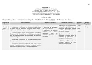 67
APENDICE AA
UNIVERSIDADE REGIONAL DO CARIRI
UNIDADE DESCENTRALIZADA DE IGUATU
CENTRO DE CIÊNCIAS BIOLÓGICAS E DA SAÚDE
COORDENAÇÃO DO CURSO DE EDUCAÇÃO FÍSICA
CURSO DE LICENCIATURA EM EDUCAÇÃO FÍSICA
PLANO DE AULA
Disciplina: Educação Física Instituição Escolar: Colégio JK Faixa Etária: 6 a 7 Data: 15/09/2014 Professor(es): Elton e Luiza,
Conteúdo de
Ensino
Situação Didática Objetivos Específicos Critérios de Avaliação Recursos
Didáticos
Tempo
Pedagógico
-Vivencia do
Toque e
Saque
Inicialmente, o acolhimento dos alunos em forma de círculos
na quadra, onde os professores irão expor para os alunos o
objetivo e as atividades propostos na aula.
Em seguida iremos resgatar os conhecimentos delas sobre os
fundamentos do vôlei e sobre as atividades propostas expondo
para os alunos e mostrando as possibilidades de construir as
atividades em grupo.
Vivenciando as sequencias das atividades que é a vivencia
do toque e saque.
Momento de avaliação do final da aula com os alunos
reunidas e/ou em circulo, os professores irão avaliar as ações,
manifestações corporais, gestos e percepções dos alunos.
.
- Vivenciar as atividades
“de Toque e Saque”.
- Manifestar os aspectos
motores dos alunos
juntamente com os
estímulos propostos nas
atividades.
- Observação das participações e o
desempenho corporal dos alunos de
acordo com as atividades proposta
à postura e desempenho do aluno
na execução do saque.
-Questionamentos sobre a aula
ministrada. Perguntas sobre as
facilidades e dificuldades na
execução dos fundamentos.
- Sínteses verbais sobre as
atividades propostas na aula.
Interação aluno/professor.
Quadra
-Apito
- Bolas
50 min
 