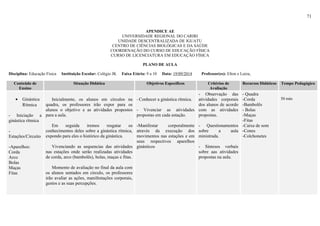 71
APENDICE AE
UNIVERSIDADE REGIONAL DO CARIRI
UNIDADE DESCENTRALIZADA DE IGUATU
CENTRO DE CIÊNCIAS BIOLÓGICAS E DA SAÚDE
COORDENAÇÃO DO CURSO DE EDUCAÇÃO FÍSICA
CURSO DE LICENCIATURA EM EDUCAÇÃO FÍSICA
PLANO DE AULA
Disciplina: Educação Física Instituição Escolar: Colégio JK Faixa Etária: 9 a 10 Data: 19/09/2014 Professor(es): Elton e Luiza,
Conteúdo de
Ensino
Situação Didática Objetivos Específicos Critérios de
Avaliação
Recursos Didáticos Tempo Pedagógico
• Ginástica
Rítmica
- Iniciação a
ginástica rítmica
-
Estações/Circuito
-Aparelhos:
Corda
Arco
Bolas
Maças
Fitas
Inicialmente, os alunos em círculos na
quadra, os professores irão expor para os
alunos o objetivo e as atividades propostos
para a aula.
Em seguida iremos resgatar os
conhecimentos deles sobre a ginástica rítmica,
expondo para eles o histórico da ginástica.
Vivenciando as sequencias das atividades
nas estações onde serão realizadas atividades
de corda, arco (bambolês), bolas, maças e fitas.
Momento de avaliação no final da aula com
os alunos sentados em circulo, os professores
irão avaliar as ações, manifestações corporais,
gestos e as suas percepções.
- Conhecer a ginástica rítmica.
- Vivenciar as atividades
propostas em cada estação.
-Manifestar corporalmente
através da execução dos
movimentos nas estações e em
seus respectivos aparelhos
ginásticos
- Observação das
atividades corporais
dos alunos de acordo
com as atividades
propostas.
- Questionamentos
sobre a aula
ministrada.
- Sínteses verbais
sobre aas atividades
propostas na aula.
- Quadra
-Corda
-Bambolês
- Bolas
-Maças
-Fitas
-Caixa de som
-Cones
-Colchonetes
50 min
 