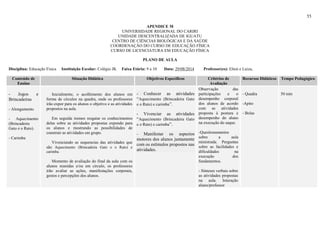 55
APENDICE M
UNIVERSIDADE REGIONAL DO CARIRI
UNIDADE DESCENTRALIZADA DE IGUATU
CENTRO DE CIÊNCIAS BIOLÓGICAS E DA SAÚDE
COORDENAÇÃO DO CURSO DE EDUCAÇÃO FÍSICA
CURSO DE LICENCIATURA EM EDUCAÇÃO FÍSICA
PLANO DE AULA
Disciplina: Educação Física Instituição Escolar: Colégio JK Faixa Etária: 9 a 10 Data: 29/08/2014 Professor(es): Elton e Luiza,
Conteúdo de
Ensino
Situação Didática Objetivos Específicos Critérios de
Avaliação
Recursos Didáticos Tempo Pedagógico
- Jogos e
Brincadeiras
- Alongamento
- Aquecimento
(Brincadeira
Gato e o Rato).
- Carimba
Inicialmente, o acolhimento dos alunos em
forma de círculos na quadra, onde os professores
irão expor para os alunos o objetivo e as atividades
propostos na aula.
Em seguida iremos resgatar os conhecimentos
delas sobre as atividades propostas expondo para
os alunos e mostrando as possibilidades de
construir as atividades em grupo.
Vivenciando as sequencias das atividades que
são Aquecimento (Brincadeira Gato e o Rato) e
carimba.
Momento de avaliação do final da aula com os
alunos reunidas e/ou em circulo, os professores
irão avaliar as ações, manifestações corporais,
gestos e percepções dos alunos.
- Conhecer as atividades
“Aquecimento (Brincadeira Gato
e o Rato) e carimba”.
- Vivenciar as atividades
“Aquecimento (Brincadeira Gato
e o Rato) e carimba”.
- Manifestar os aspectos
motores dos alunos juntamente
com os estímulos propostos nas
atividades.
Observação das
participações e o
desempenho corporal
dos alunos de acordo
com as atividades
proposta à postura e
desempenho do aluno
na execução do saque.
-Questionamentos
sobre a aula
ministrada. Perguntas
sobre as facilidades e
dificuldades na
execução dos
fundamentos.
- Sínteses verbais sobre
as atividades propostas
na aula. Interação
aluno/professor
- Quadra
-Apito
- Bolas
50 min
 