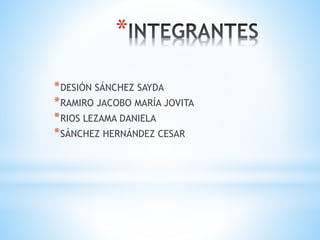 *
*DESIÓN SÁNCHEZ SAYDA
*RAMIRO JACOBO MARÍA JOVITA
*RIOS LEZAMA DANIELA
*SÁNCHEZ HERNÁNDEZ CESAR
 