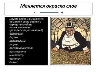 Меняется окраска слов
- +
Другие слова и выражения
поменяли свою оценку с
отрицательной на
положительную
(деполитизация значений)
буржуазия
биржа
капитализм
торги
предприниматель
коммерсант
миллионер
частник
бизнес
 