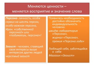 Меняются ценности –
меняется восприятие и значение слова
Персона- личность, особа
сервиз на шесть персон,
особо важная персона,
Ирон. «собственной
персоной» или
«подумаешь, персона»!
Эгоист - человек, ставящий
свои интересы выше
интересов других людей
черствый эгоист
Появилась необходимость
достойно обозначить
индивидуальность
человека:
имидж-лаборатория
«Персона»,
журнал «Персона»,
премия «Персона года»
Любящий себя, заботящийся
о себе
Магазин «Эгоист»
 
