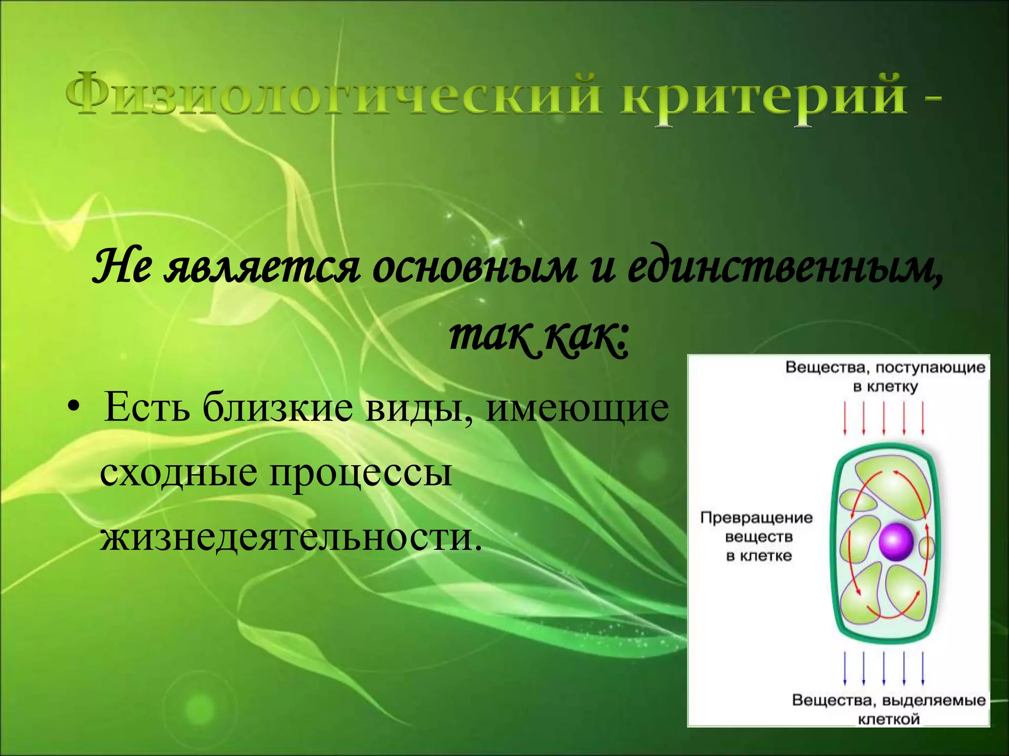 Не является основным и единственным,
так как:
• Есть близкие виды, имеющие
сходные процессы
жизнедеятельности.
 