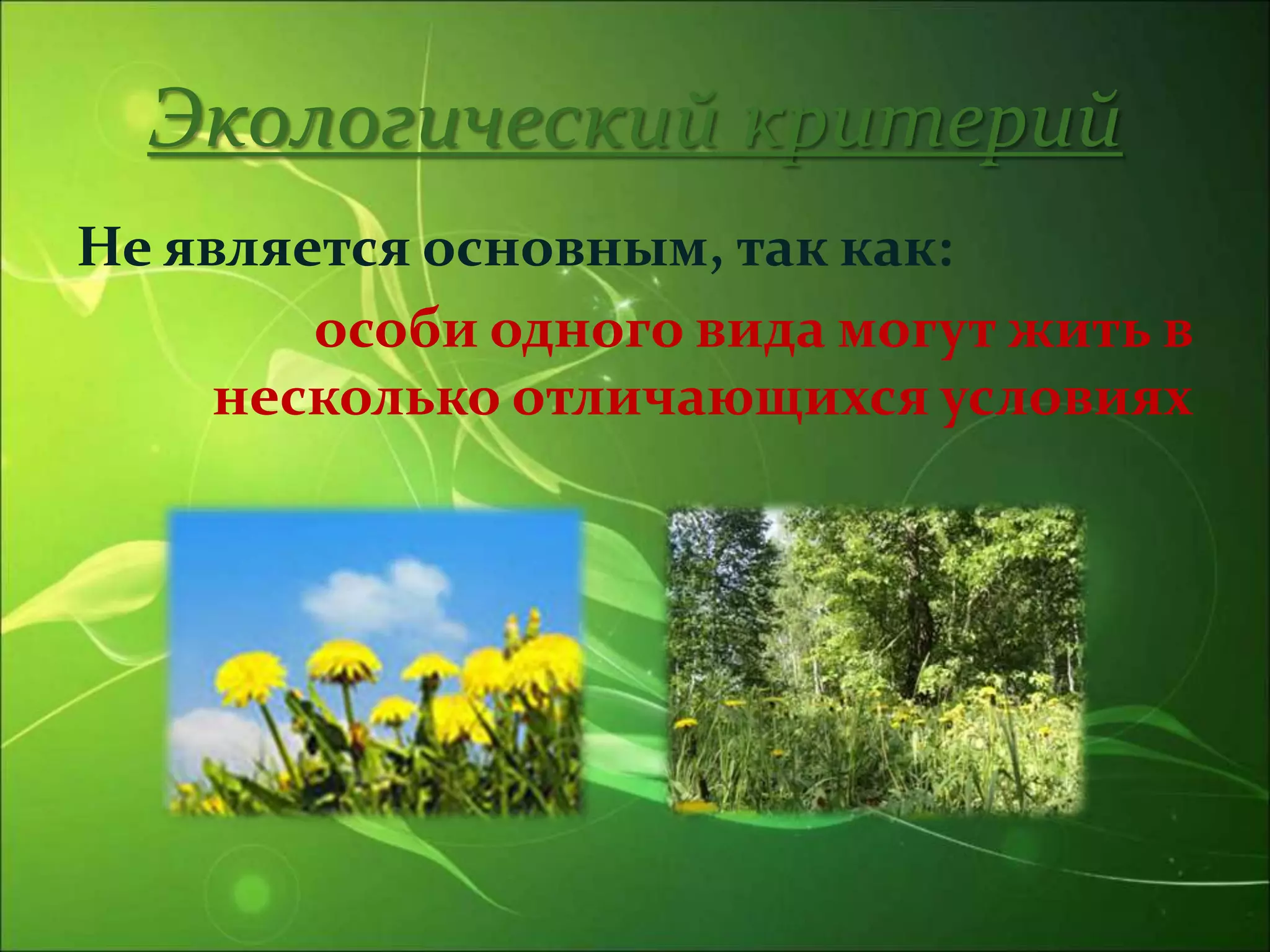 Экологический критерий
Не является основным, так как:
особи одного вида могут жить в
несколько отличающихся условиях
 