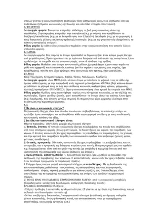 οποίων γίνεται η κοινωνικοποίηση (καθορίζει τόσο καθημερινά κοινωνικά ζητήματα όσο και 
πολύπλοκα ζητήματα κοινωνικής οργάνωσης και αποτελεί στοιχείο πολιτισμού). 
Δ. ΤΟ ΚΡΑΤΟΣ 
Λειτουργία φορέα: Το κράτος επηρεάζει ολόκληρη τη ζωή μιας κοινωνίας μέσω της 
νομοθεσίας. Συγκεκριμένα, επηρεάζει την οικογένεια (π.χ. με νόμους που προβλέπουν το 
διαζύγιο)/εκπαίδευση (π.χ. με τη θεσμοθέτηση των 15μελών) /εκκλησία (π.χ. με το χωρισμός ή 
τους διακριτούς ρόλους εκκλησίας-κράτους)/οικονομία (π.χ. με τις φορολογικές ελαφρύνσεις σε 
κάποιες κατηγορίες ατόμων) 
Ρόλος φορέα: Σε κάθε είδους κοινωνία επεμβαίνει στην κοινωνικοποίηση που ασκούν όλοι οι 
υπόλοιποι φορείς. 
Ε. ΠΑΡΕΕΣ 
Λειτουργία φορέα: Στις παρέες το άτομο προσπαθεί να δημιουργήσει έναν κόσμο χωρίς έλεγχο 
από μεγαλύτερους /δραστηριοποιείται με πρότυπα διαφορετικά από αυτά της οικογένειας ή του 
σχολείου/με το παιχνίδι και τις συναναστροφές αποκτά αίσθηση της ομάδας 
Ρόλος φορέα: Μαθαίνει στο άτομο κοινωνικούς ρόλους (μερικά άτομα έχουν στην παρέα το 
ρόλο του αρχηγού) και κοινωνικούς κανόνες (αν δεν τηρήσει τους όρους μιας παρέας, έχει 
προβλήματα), που θα του είναι χρήσιμοι στις κοινωνικές του σχέσεις, όταν μεγαλώσει. 
ΣΤ. ΜΜΕ 
Είδη: Τηλεόραση, Κινηματογράφος, Βιβλία, Τύπος, Ραδιόφωνο, Διαδίκτυο 
Λειτουργία φορέα: είναι ΜΕΣΑ (δηλ. κάποια άτομα μεταδίδουν το μήνυμά τους σε άλλα όχι 
άμεσα, αλλά έμμεσα, με την παρεμβολή ενός τεχνικού μέσου)/είναι ΜΑΖΙΚΑ (δηλ. κάποια άτομα 
μεταδίδουν το μήνυμά τους σε όλη την υπόλοιπη κοινωνία, ανεξαρτήτως φύλου, μόρφωσης, 
ηλικίας)/προσφέρουν ΕΝΗΜΕΡΩΣΗ. Άρα η κοινωνικοποίηση είναι κρυφή λειτουργία των ΜΜΕ. 
Ρόλος φορέα: Ο ρόλος τους αναπτύχθηκε κυρίως στις σύγχρονες κοινωνίες, με την εξέλιξη της 
τεχνολογίας. Έχουν μεγάλη εξουσία, γιατί κατευθύνουν τα άτομα μέσω της εικόνας ή του ήχου 
(π.χ. διαφήμιση), που ασκούν μεγάλη επιρροή. Η επιρροή τους είναι εμφανής ιδιαίτερα στην 
περίπτωση της παραπληροφόρησης. 
5,4 
1)Τι είναι ο κοινωνικός έλεγχος? 
Ο κοινωνικός έλεγχος είναι ένα σύνολο ποινών και επιβραβεύσεων, το οποίο έχει στόχο να 
προλάβει ή να επαναφέρει και να διορθώσει κάθε συμπεριφορά αντίθετη με τους αποδεκτούς 
κοινωνικούς κανόνες και αξίες. 
2Τα είδη του κοινωνικού ελέγχου είναι: 
Όλα τα παρακάτω αποτελούν μορφές εξωτερικού ελέγχου 
α. Τυπικός, άτυπος: Ο τυπικός κοινωνικός έλεγχος περιλαμβάνει τις ποινές που επιβάλλονται 
από τους επίσημους φορείς (όπως η αστυνομία, τα δικαστήρια) και αφορά την παράβαση των 
νόμων. Ο άτυπος κοινωνικός έλεγχος περιλαμβάνει τις υποδείξεις, τις παρατηρήσεις, τις γνώμες 
και την κριτική που εκφράζουν τα μέλη των κοινωνικών ομάδων που ανήκουμε (γονείς, φίλοι, 
γείτονες, συνάδελφοι). 
β. Θετικός, αρνητικός: Ο θετικός κοινωνικός έλεγχος περιλαμβάνει τις επιβραβεύσεις και τις 
ανταμοιβές και ο αρνητικός τις διάφορες κυρώσεις και ποινές. Η συμπεριφορά μας στο σχολείο 
π.χ. διαμορφώνεται τόσο από το φόβο της ποινής (με αποβολή ή τιμωρία) όσο και από την 
ικανοποίηση της ανταμοιβής (με καλούς βαθμούς και έπαινο). 
γ. Προληπτικός, κατασταλτικός: Ο προληπτικός έλεγχος έχει ως στόχο να προλάβει την 
εκδήλωση της παραβίασης των κανόνων. Ο κατασταλτικός κοινωνικός έλεγχος επιβάλλει ποινές 
όταν τα άτομα προχωρούν σε παράνομες πράξεις. 
δ Yπάρχει όμως και μια μορφή εσωτερικού ελέγχου, ο αυτοέλεγχος. Με τη διαδικασία της 
κοινωνικοποίησης μαθαίνουμε τους κανόνες, τις απαγορεύσεις και τους περιορισμούς, 
αισθανόμαστε τύψεις, ντροπή, μεταμέλεια για κάποιες πράξεις μας. Ο αυτοέλεγχος είναι 
αποτέλεσμα της πετυχημένης κοινωνικοποίησης και στόχος των κανόνων σωφρονισμού 
σήμερα. 
2) ΠΟΙΕΣ ΕΙΝΑΙ ΟΙ ΕΠΙΔΡΑΣΕΙΣ ΣΤΟΝ ΚΟΙΝΩΝΙΚΟ ΕΛΕΓΧΟ: από τις κοινωνικές μεταβολές 
(παραδείγματα: κατάργηση ξυλοδαρμού, κατάργηση θανατικής ποινής) 
ΚΡΑΤΙΚΟΣ ΚΟΙΝΩΝΙΚΟΣ ΕΛΕΓΧΟΣ: 
- 
σεβασμό στα δικαιώματα του πολίτη). 
- Μέσα: ανεξάρτητη δικαιοσύνη / σωφρονιστικό σύστημα (σταδιακή κατάργηση σκληρών 
μέσων καταστολής, όπως η θανατική ποινή, και αντικατάστασή τους με προγράμματα 
επανένταξης, κοινωνικής εργασίας κλπ.) 
 