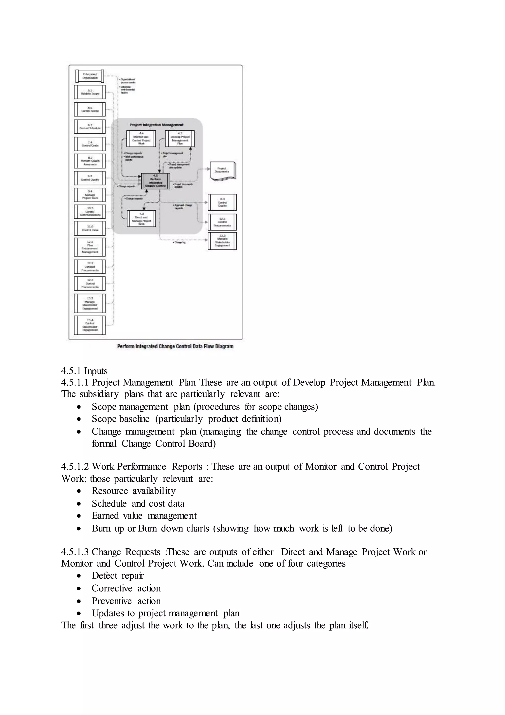 4.5.1 Inputs 
4.5.1.1 Project Management Plan These are an output of Develop Project Management Plan. 
The subsidiary plans that are particularly relevant are: 
 Scope management plan (procedures for scope changes) 
 Scope baseline (particularly product definition) 
 Change management plan (managing the change control process and documents the 
formal Change Control Board) 
4.5.1.2 Work Performance Reports : These are an output of Monitor and Control Project 
Work; those particularly relevant are: 
 Resource availability 
 Schedule and cost data 
 Earned value management 
 Burn up or Burn down charts (showing how much work is left to be done) 
4.5.1.3 Change Requests :These are outputs of either Direct and Manage Project Work or 
Monitor and Control Project Work. Can include one of four categories 
 Defect repair 
 Corrective action 
 Preventive action 
 Updates to project management plan 
The first three adjust the work to the plan, the last one adjusts the plan itself. 
 