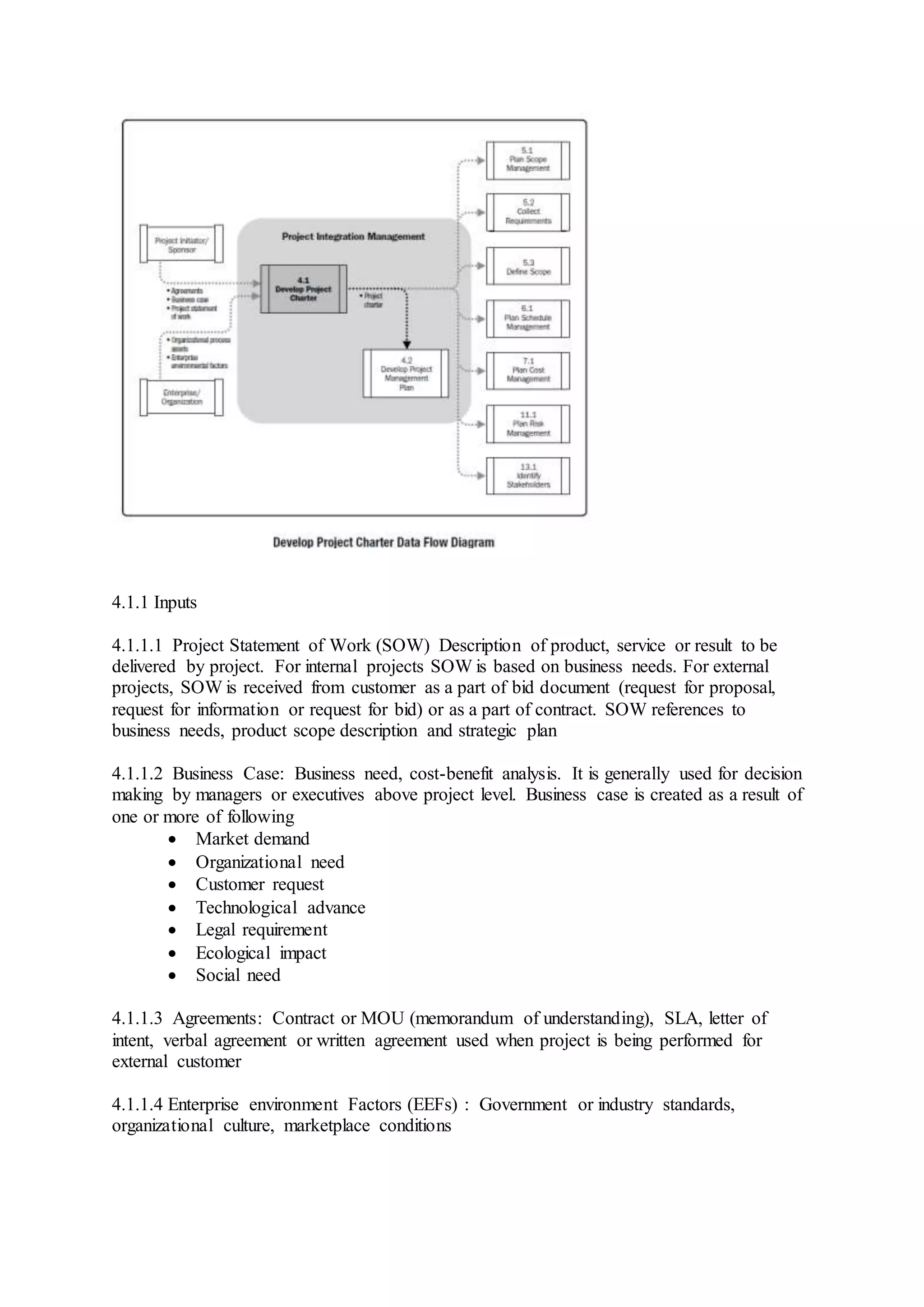 4.1.1 Inputs 
4.1.1.1 Project Statement of Work (SOW) Description of product, service or result to be 
delivered by project. For internal projects SOW is based on business needs. For external 
projects, SOW is received from customer as a part of bid document (request for proposal, 
request for information or request for bid) or as a part of contract. SOW references to 
business needs, product scope description and strategic plan 
4.1.1.2 Business Case: Business need, cost-benefit analysis. It is generally used for decision 
making by managers or executives above project level. Business case is created as a result of 
one or more of following 
 Market demand 
 Organizational need 
 Customer request 
 Technological advance 
 Legal requirement 
 Ecological impact 
 Social need 
4.1.1.3 Agreements: Contract or MOU (memorandum of understanding), SLA, letter of 
intent, verbal agreement or written agreement used when project is being performed for 
external customer 
4.1.1.4 Enterprise environment Factors (EEFs) : Government or industry standards, 
organizational culture, marketplace conditions 
 