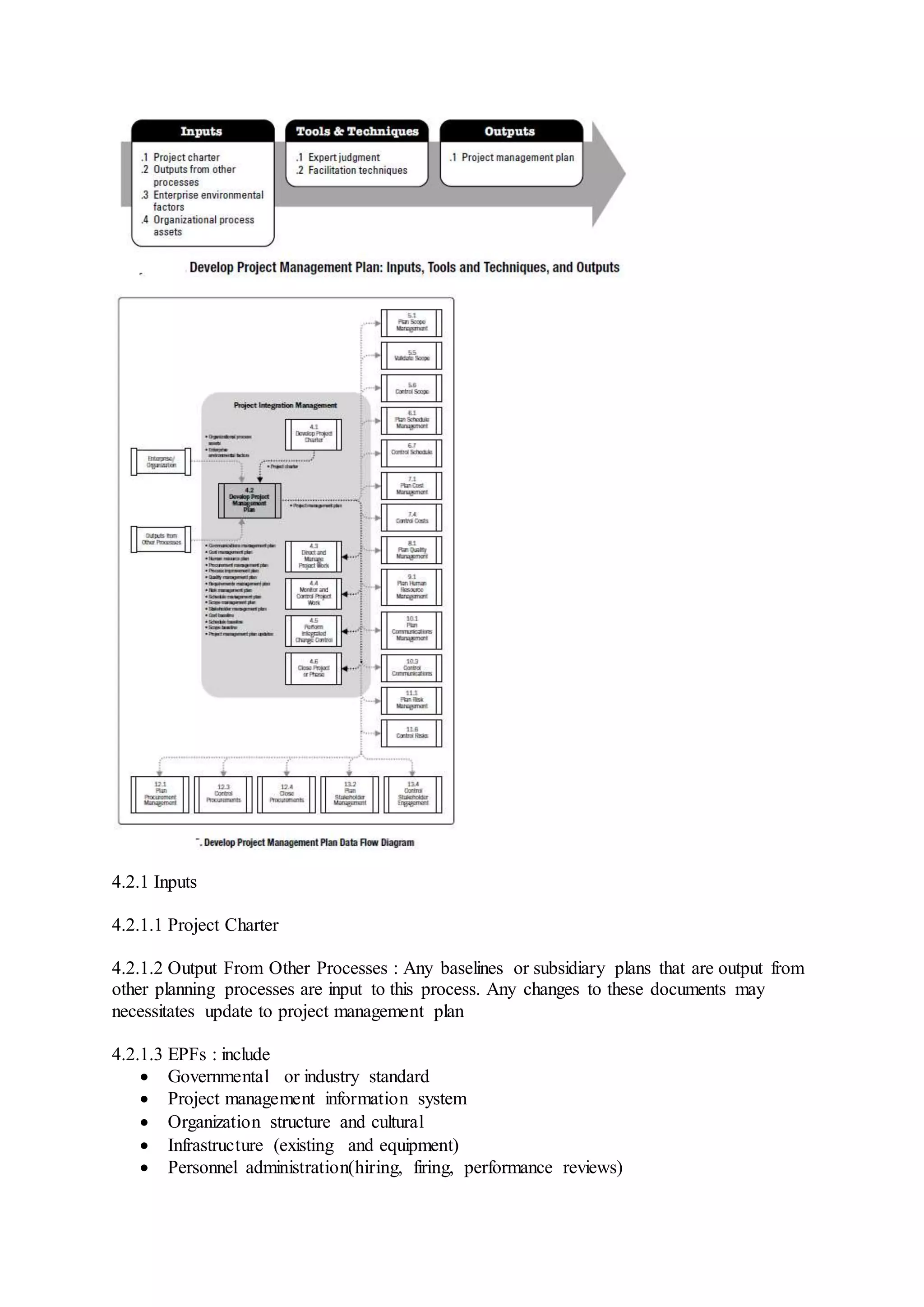 4.2.1 Inputs 
4.2.1.1 Project Charter 
4.2.1.2 Output From Other Processes : Any baselines or subsidiary plans that are output from 
other planning processes are input to this process. Any changes to these documents may 
necessitates update to project management plan 
4.2.1.3 EPFs : include 
 Governmental or industry standard 
 Project management information system 
 Organization structure and cultural 
 Infrastructure (existing and equipment) 
 Personnel administration(hiring, firing, performance reviews) 
 
