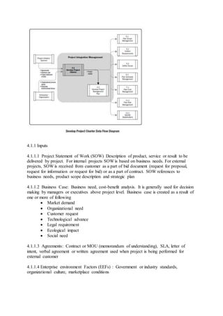 4.1.1 Inputs 
4.1.1.1 Project Statement of Work (SOW) Description of product, service or result to be 
delivered by project. For internal projects SOW is based on business needs. For external 
projects, SOW is received from customer as a part of bid document (request for proposal, 
request for information or request for bid) or as a part of contract. SOW references to 
business needs, product scope description and strategic plan 
4.1.1.2 Business Case: Business need, cost-benefit analysis. It is generally used for decision 
making by managers or executives above project level. Business case is created as a result of 
one or more of following 
 Market demand 
 Organizational need 
 Customer request 
 Technological advance 
 Legal requirement 
 Ecological impact 
 Social need 
4.1.1.3 Agreements: Contract or MOU (memorandum of understanding), SLA, letter of 
intent, verbal agreement or written agreement used when project is being performed for 
external customer 
4.1.1.4 Enterprise environment Factors (EEFs) : Government or industry standards, 
organizational culture, marketplace conditions 
 