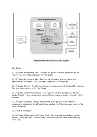 8.2.1 Inputs 
8.2.1.1 Quality Management Plan : Describes the quality assurance approaches for the 
project. This is an output of process 8.1 Plan Quality. 
8.2.1.2 Process Improvement Plan : Describes the continuous process improvement 
approaches for the project. This is an output of process 8.1 Plan Quality. 
8.2.1.3 Quality Metrics : Provides the attributes to be measured and the allowable variations. 
This is an output of process 8.1 Plan Quality. 
8.2.1.4 Quality Control Measurements : The output of activities from process Perform 
Quality Control. These measurements are used in this process to analyze the quality of the 
processes. 
8.2.1.5 Project Documents : Should be monitored in this process in the context of 
configuration management (so all project team members work from the same version of the 
project documents). 
8.2.2 Tools & Techniques 
8.2.2.1 Quality Management And Control Tools : The same tools & techniques used in 
process Plan Quality and Perform Quality Control are used in addition to the following 
seven tools: 
 