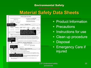 Environmental Safety 
Hazardous Materials 
Material Safety Data Sheets 
 Product Information 
 Precautions 
 Instructions for use 
 Clean up procedure 
 Disposal 
 Emergency Care if 
2.01 Understand safety 
procedures 
injured 
20 
