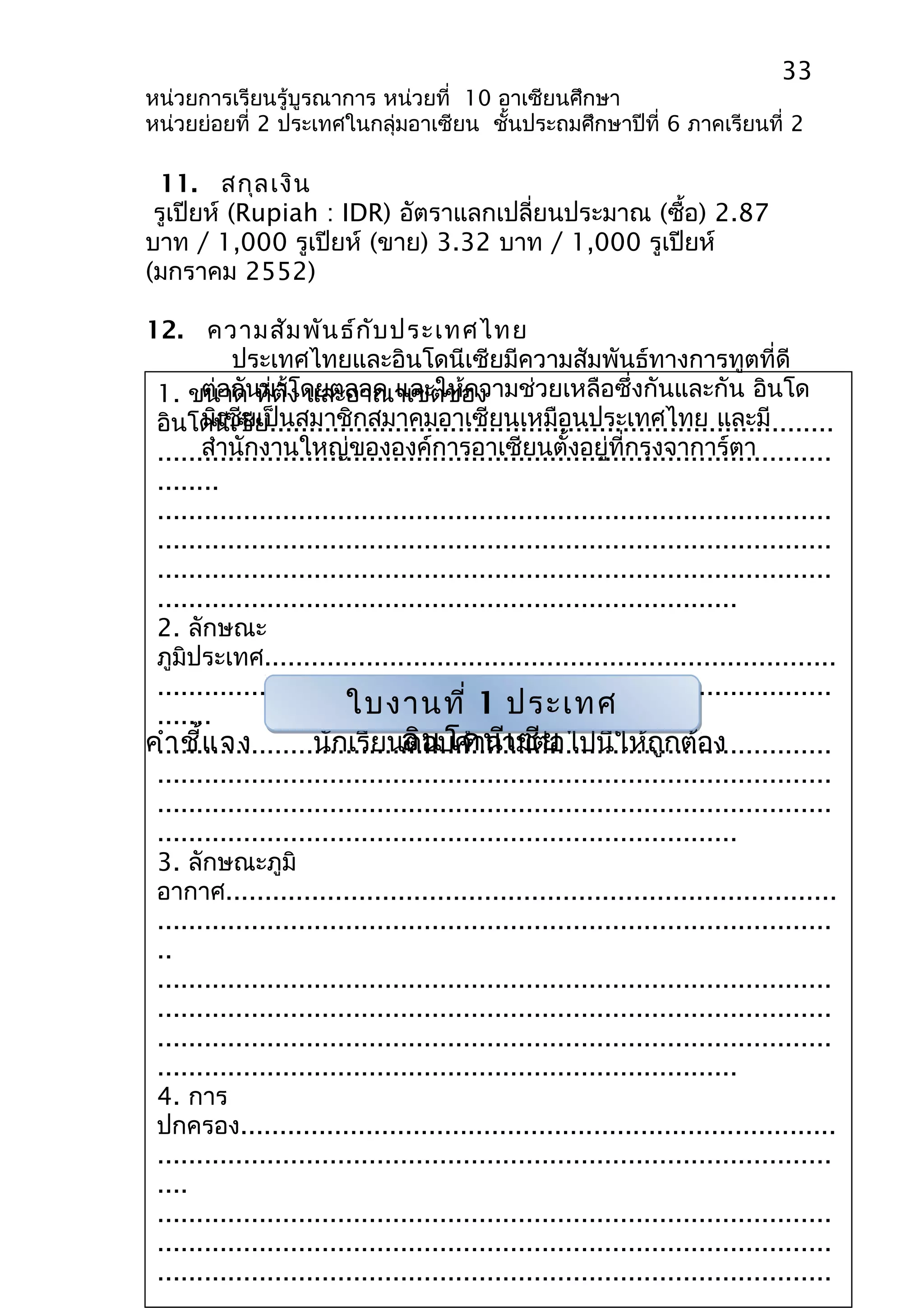 33 
หน่วยการเรียนรู้บูรณาการ หน่วยที่ 10 อาเซียนศึกษา 
หน่วยย่อยที่ 2 ประเทศในกลุ่มอาเซียน ชั้นประถมศึกษาปีที่ 6 ภาคเรียนที่ 2 
11. สกุลเงิน 
รูเปียห์ (Rupiah : IDR) อัตราแลกเปลี่ยนประมาณ (ซื้อ) 2.87 
บาท / 1,000 รูเปียห์ (ขาย) 3.32 บาท / 1,000 รูเปียห์ 
(มกราคม 2552) 
12. ความสัมพันธ์กับประเทศไทย 
ประเทศไทยและอินโดนีเซียมีความสัมพันธ์ทางการทูตที่ดี 
ต่อกันมาโดยตลอด และให้ความช่วยเหลือซึ่งกันและกัน อินโด 
นิเซียเป็นสมาชิกสมาคมอาเซียนเหมือนประเทศไทย และมี 
สำานักงานใหญ่ขององค์การอาเซียนตั้งอยู่ที่กรุงจาการ์ตา 
1. ขนาด ที่ตั้ง และอาณาเขตของ 
อินโดนีเซีย........................................................................ 
...................................................................................... 
........ 
...................................................................................... 
...................................................................................... 
...................................................................................... 
.......................................................................... 
2. ลักษณะ 
ภูมิประเทศ......................................................................... 
...................................................................................... 
....... 
ใบงานที่ 1 ประเทศ 
...................................................................................... 
อินโดนีเซีย 
...................................................................................... 
...................................................................................... 
.......................................................................... 
3. ลักษณะภูมิ 
อากาศ.............................................................................. 
...................................................................................... 
.. 
...................................................................................... 
...................................................................................... 
...................................................................................... 
.......................................................................... 
4. การ 
ปกครอง............................................................................ 
...................................................................................... 
.... 
...................................................................................... 
...................................................................................... 
...................................................................................... 
.......................................................................... 
คำาชี้แจง นักเรียนตอบคำาถามต่อไปนี้ให้ถูกต้อง 
 