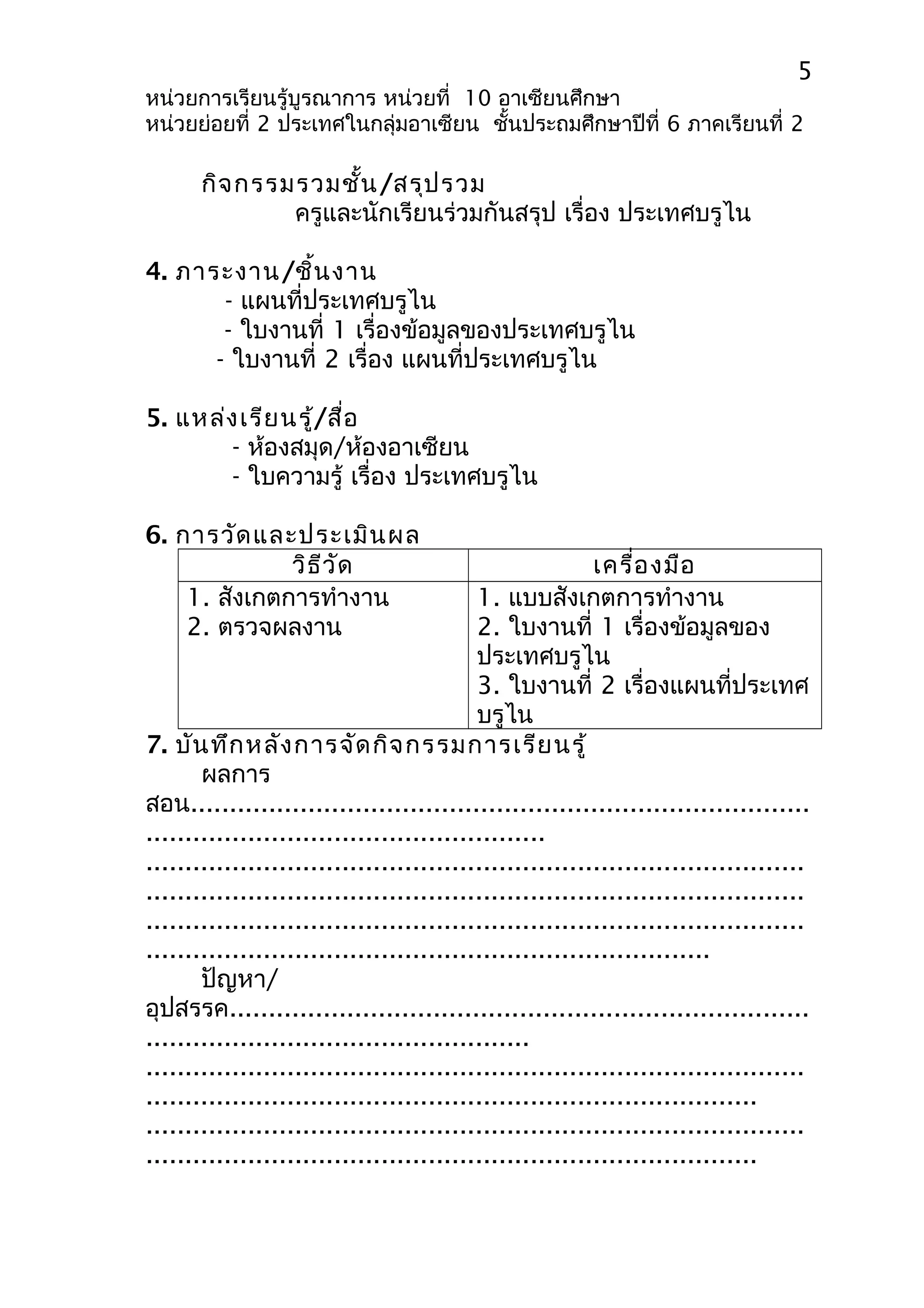5 
หน่วยการเรียนรู้บูรณาการ หน่วยที่ 10 อาเซียนศึกษา 
หน่วยย่อยที่ 2 ประเทศในกลุ่มอาเซียน ชั้นประถมศึกษาปีที่ 6 ภาคเรียนที่ 2 
กิจกรรมรวมชั้น/สรุปรวม 
ครูและนักเรียนร่วมกันสรุป เรื่อง ประเทศบรูไน 
4. ภาระงาน/ชิ้นงาน 
- แผนที่ประเทศบรูไน 
- ใบงานที่ 1 เรื่องข้อมูลของประเทศบรูไน 
- ใบงานที่ 2 เรื่อง แผนที่ประเทศบรูไน 
5. แหล่งเรียนรู้/สื่อ 
- ห้องสมุด/ห้องอาเซียน 
- ใบความรู้ เรื่อง ประเทศบรูไน 
6. การวัดและประเมินผล 
วิธีวัด เครื่องมือ 
1. สังเกตการทำางาน 
2. ตรวจผลงาน 
1. แบบสังเกตการทำางาน 
2. ใบงานที่ 1 เรื่องข้อมูลของ 
ประเทศบรูไน 
3. ใบงานที่ 2 เรื่องแผนที่ประเทศ 
บรูไน 
7. บันทึกหลังการจัดกิจกรรมการเรียนรู้ 
ผลการ 
สอน............................................................................... 
................................................... 
.................................................................................... 
.................................................................................... 
.................................................................................... 
........................................................................ 
ปัญหา/ 
อุปสรรค.......................................................................... 
................................................. 
.................................................................................... 
.............................................................................. 
.................................................................................... 
.............................................................................. 
 