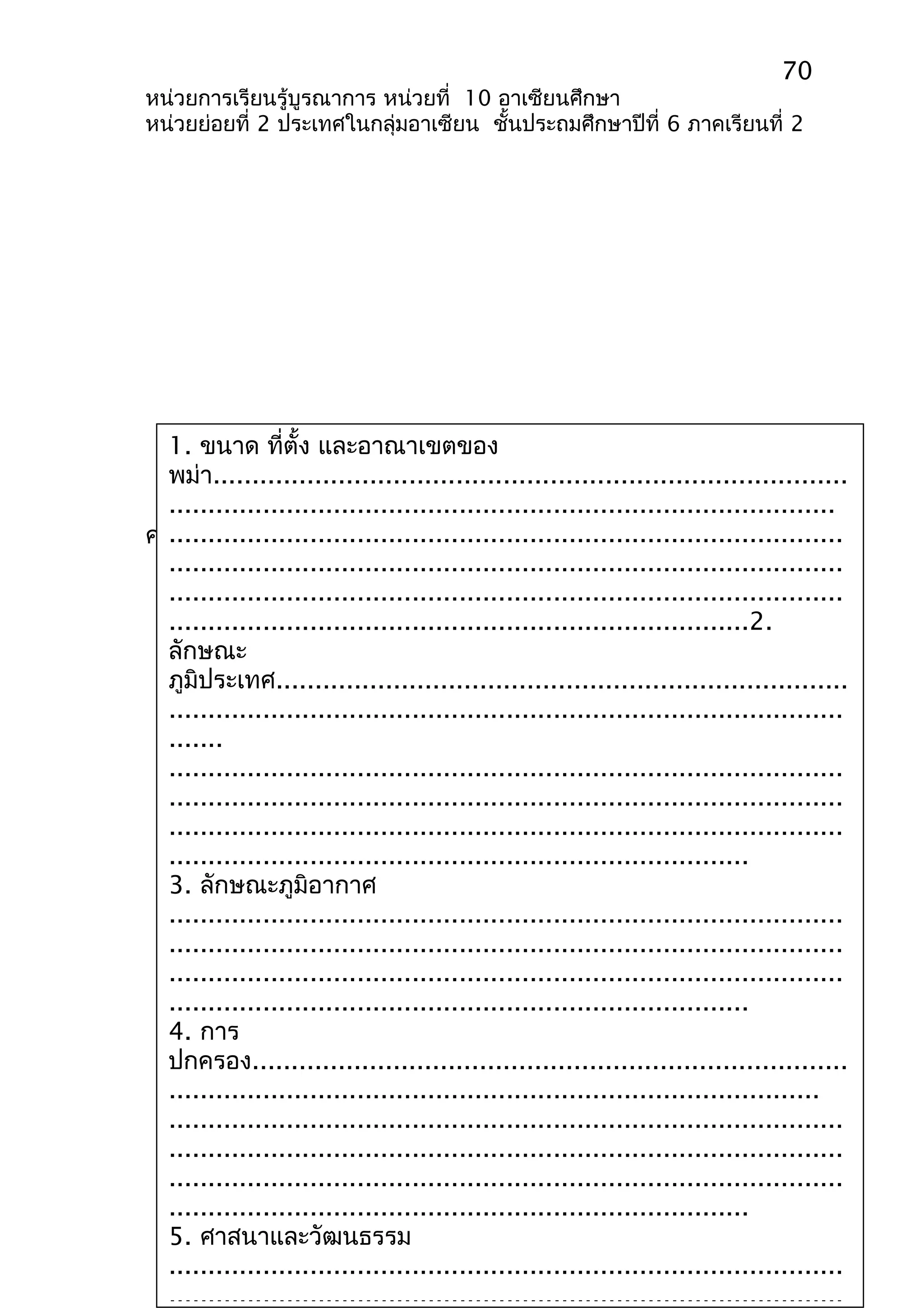 70 
หน่วยการเรียนรู้บูรณาการ หน่วยที่ 10 อาเซียนศึกษา 
หน่วยย่อยที่ 2 ประเทศในกลุ่มอาเซียน ชั้นประถมศึกษาปีที่ 6 ภาคเรียนที่ 2 
1. ขนาด ที่ตั้ง และอาณาเขตของ 
พม่า................................................................................. 
ใบงานที่ 1 เรื่อง 
..................................................................................... 
ประเทศเมียนมาร์ 
...................................................................................... 
...................................................................................... 
...................................................................................... 
..........................................................................2. 
ลักษณะ 
ภูมิประเทศ......................................................................... 
...................................................................................... 
....... 
...................................................................................... 
...................................................................................... 
...................................................................................... 
.......................................................................... 
3. ลักษณะภูมิอากาศ 
...................................................................................... 
...................................................................................... 
...................................................................................... 
.......................................................................... 
4. การ 
ปกครอง............................................................................ 
................................................................................... 
...................................................................................... 
...................................................................................... 
...................................................................................... 
.......................................................................... 
5. ศาสนาและวัฒนธรรม 
...................................................................................... 
...................................................................................... 
คำาชี้แจง นักเรียนตอบคำาถามต่อไปนี้ให้ถูกต้อง 
 