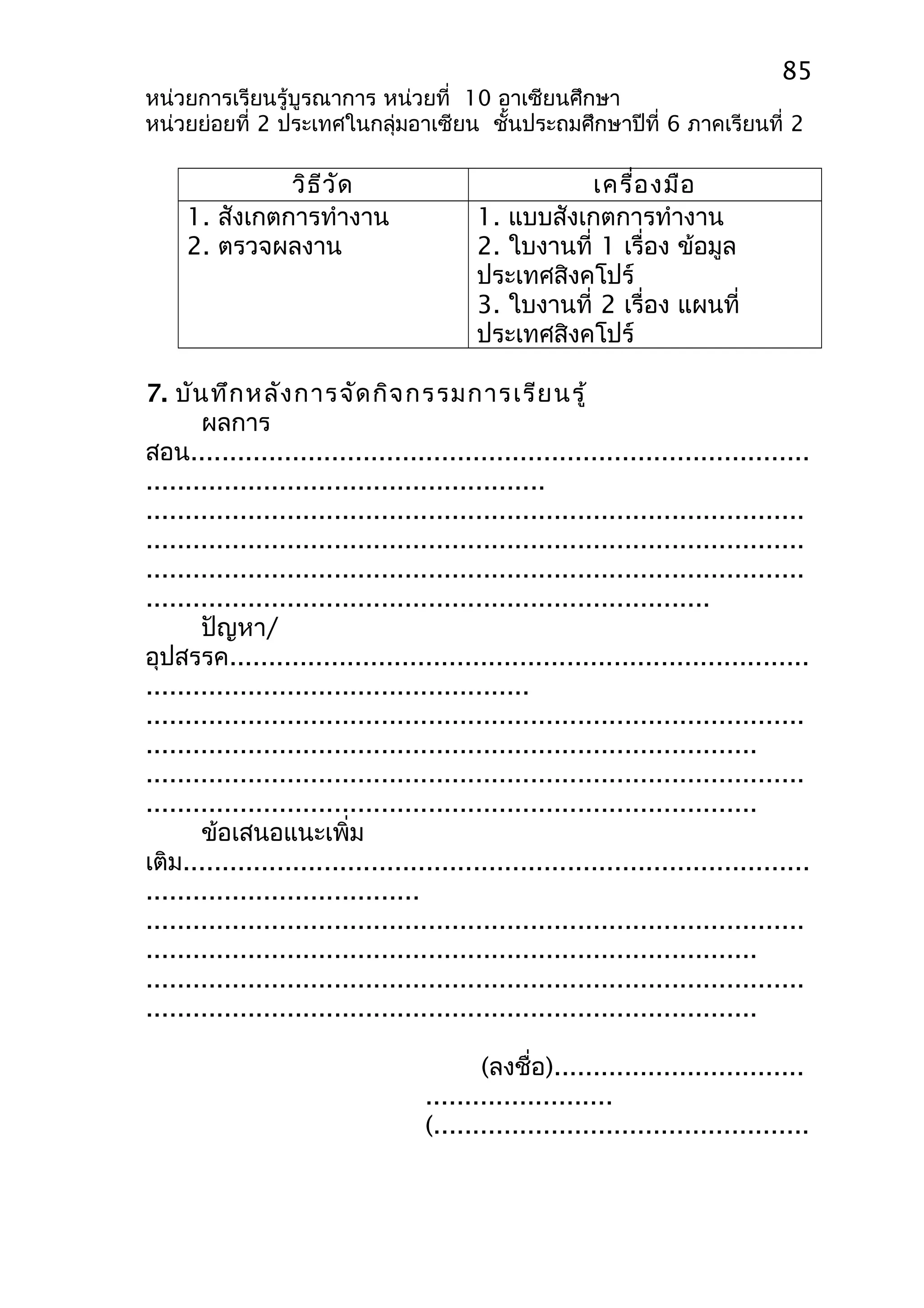 85 
หน่วยการเรียนรู้บูรณาการ หน่วยที่ 10 อาเซียนศึกษา 
หน่วยย่อยที่ 2 ประเทศในกลุ่มอาเซียน ชั้นประถมศึกษาปีที่ 6 ภาคเรียนที่ 2 
วิธีวัด เครื่องมือ 
1. สังเกตการทำางาน 
2. ตรวจผลงาน 
1. แบบสังเกตการทำางาน 
2. ใบงานที่ 1 เรื่อง ข้อมูล 
ประเทศสิงคโปร์ 
3. ใบงานที่ 2 เรื่อง แผนที่ 
ประเทศสิงคโปร์ 
7. บันทึกหลังการจัดกิจกรรมการเรียนรู้ 
ผลการ 
สอน............................................................................... 
................................................... 
.................................................................................... 
.................................................................................... 
.................................................................................... 
........................................................................ 
ปัญหา/ 
อุปสรรค.......................................................................... 
................................................. 
.................................................................................... 
.............................................................................. 
.................................................................................... 
.............................................................................. 
ข้อเสนอแนะเพิ่ม 
เติม................................................................................ 
................................... 
.................................................................................... 
.............................................................................. 
.................................................................................... 
.............................................................................. 
(ลงชื่อ)................................ 
........................ 
(................................................ 
 