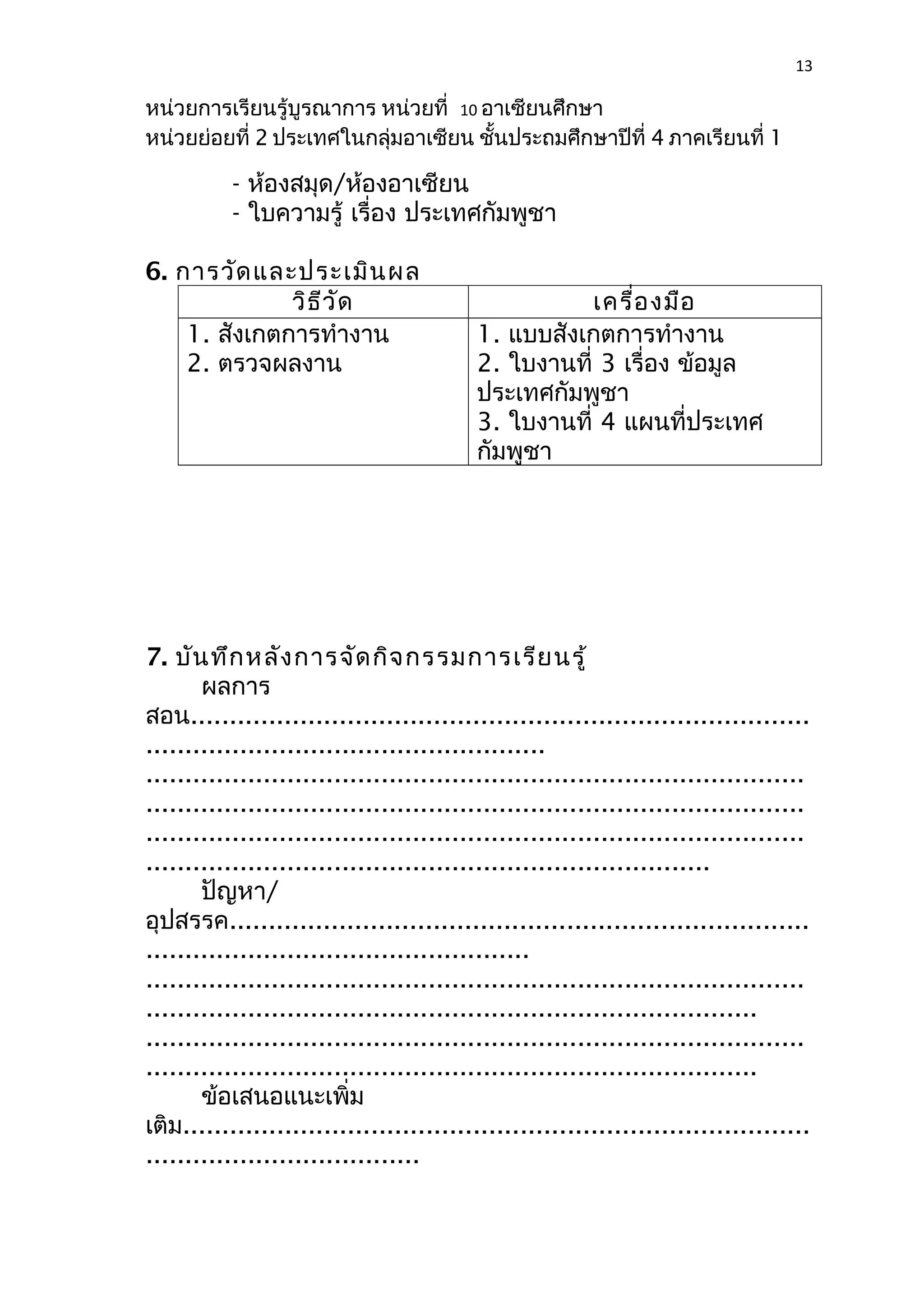13 
หน่วยการเรียนรู้บูรณาการ หน่วยที่ 10 อาเซียนศึกษา 
หน่วยย่อยที่ 2 ประเทศในกลุ่มอาเซียน ชั้นประถมศึกษาปีที่ 4 ภาคเรียนที่ 1 
- ห้องสมุด/ห้องอาเซียน 
- ใบความรู้ เรื่อง ประเทศกัมพูชา 
6. การวัดและประเมินผล 
วิธีวัด เครื่องมือ 
1. สังเกตการทำางาน 
2. ตรวจผลงาน 
1. แบบสังเกตการทำางาน 
2. ใบงานที่ 3 เรื่อง ข้อมูล 
ประเทศกัมพูชา 
3. ใบงานที่ 4 แผนที่ประเทศ 
กัมพูชา 
7. บันทึกหลังการจัดกิจกรรมการเรียนรู้ 
ผลการ 
สอน............................................................................... 
................................................... 
.................................................................................... 
.................................................................................... 
.................................................................................... 
........................................................................ 
ปัญหา/ 
อุปสรรค.......................................................................... 
................................................. 
.................................................................................... 
.............................................................................. 
.................................................................................... 
.............................................................................. 
ข้อเสนอแนะเพิ่ม 
เติม................................................................................ 
................................... 
 