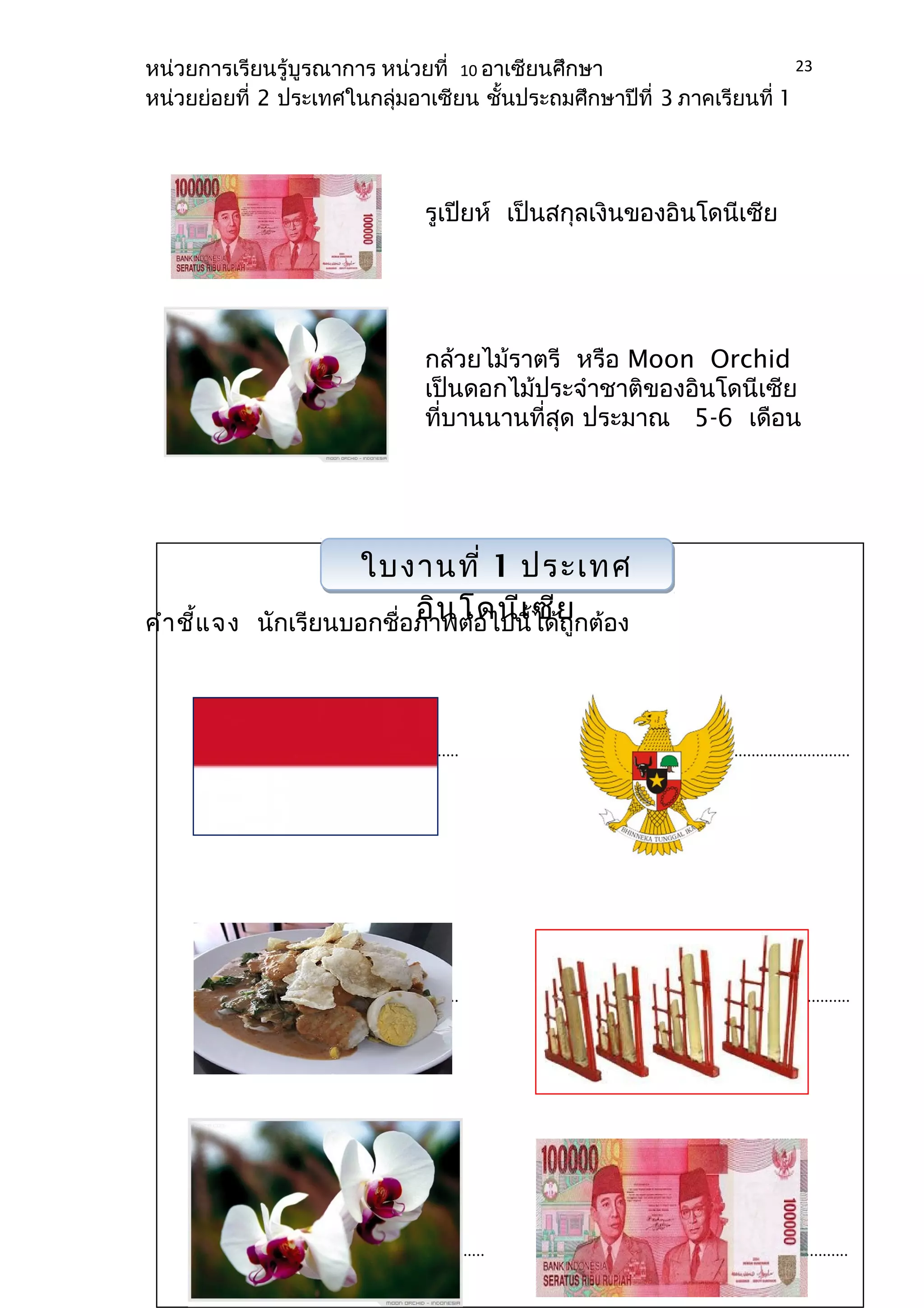 หน่วยการเรียนรู้บูรณาการ หน่วยที่ 10 อาเซียนศึกษา 
หน่วยย่อยที่ 2 ประเทศในกลุ่มอาเซียน ชั้นประถมศึกษาปีที่ 3 ภาคเรียนที่ 1 
รูเปียห์ เป็นสกุลเงินของอินโดนีเซีย 
23 
กล้วยไม้ราตรี หรือ Moon Orchid 
เป็นดอกไม้ประจำาชาติของอินโดนีเซีย 
ที่บานนานที่สุด ประมาณ 5-6 เดือน 
ใบงานที่ 1 ประเทศ 
อินโดนีเซีย 
คำาชี้แจง นักเรียนบอกชื่อภาพต่อไปนี้ได้ถูกต้อง 
............................................................. ....................................................... 
......... 
............................................................. ....................................................... 
............ 
................................................................... ........................................................ 
............. 
 