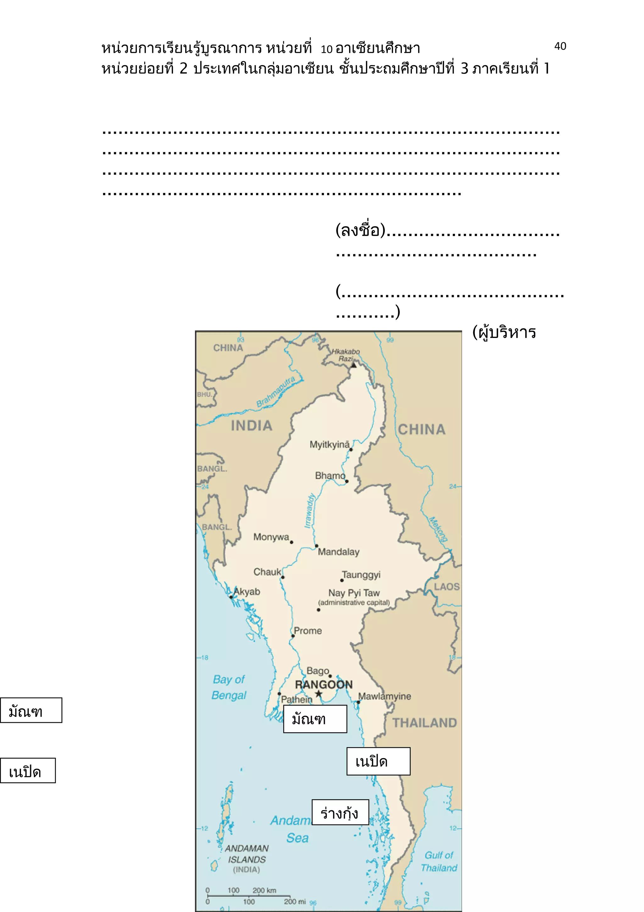 หน่วยการเรียนรู้บูรณาการ หน่วยที่ 10 อาเซียนศึกษา 
หน่วยย่อยที่ 2 ประเทศในกลุ่มอาเซียน ชั้นประถมศึกษาปีที่ 3 ภาคเรียนที่ 1 
.................................................................................... 
.................................................................................... 
.................................................................................... 
.................................................................. 
(ลงชื่อ)................................ 
..................................... 
(......................................... 
...........) 
(ผู้บริหาร 
สถานศึกษา) 
ใบความรู้ที่ 1 
ประเทศเมียนมาร์ 
40 
มัณฑ มัณฑ 
เนปิด 
เลย์ 
เนปิด 
อว์ 
ร่างกุ้ง 
 